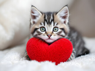 Kitten with red heart, Valentine's Day symbol