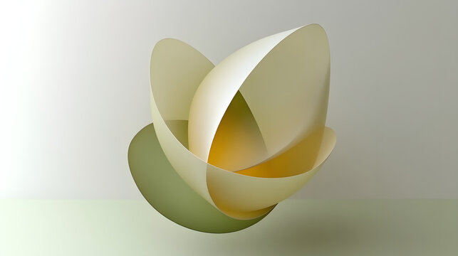 A floating 3D abstract sculpture of curved shapes and glowing patterns, surrounded by an ambient gradient background 