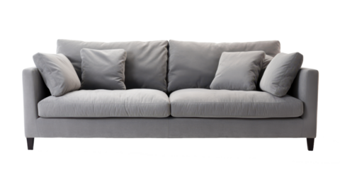 grey modern sofa front view isolated on white or transparent png