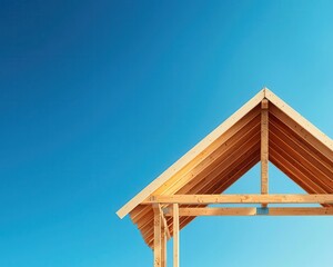 Illustration of a house s framing process, with visible trusses and beams against a blue sky