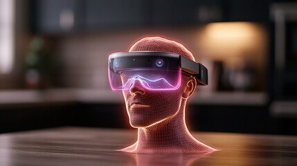 Workplace creativity design. Virtual reality headset with glowing holographic effects in a modern setting.