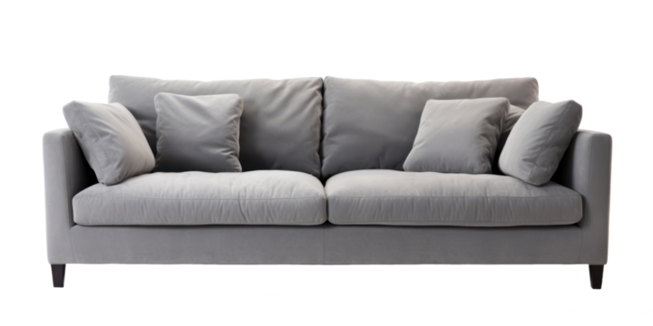 grey modern sofa front view isolated on white or transparent png