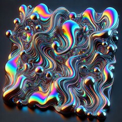 Obraz premium 3d rendering illustration of glossy liquid substance in hologram spectral color palette. Melting neon fluidity waves, shiny petroleum substanse. 