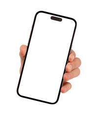 Hand showing smartphone with blank screen isolated.