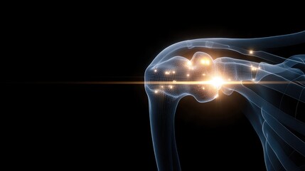Shoulder joint is depicted with a blue metal sleeve and a glowing red pain point, emphasizing a medical aesthetic in a 3D rendered design