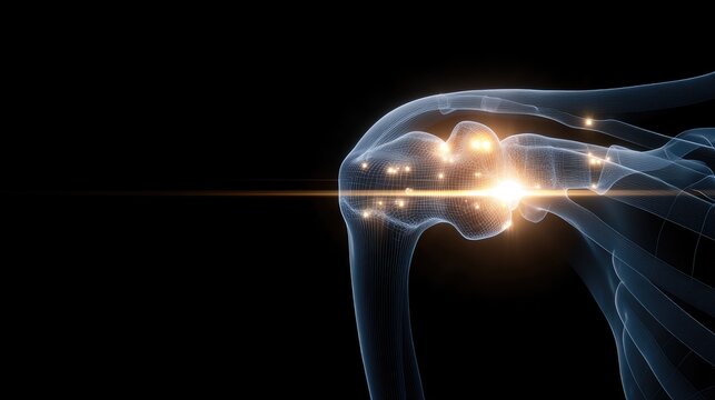 Shoulder joint is depicted with a blue metal sleeve and a glowing red pain point, emphasizing a medical aesthetic in a 3D rendered design