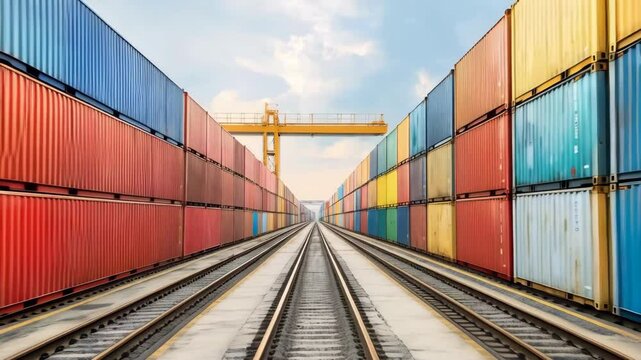 Railway tracks leading through rows of colorful stacked shipping containers in a freight terminal. Transportation and logistics concept