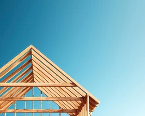 Illustration of a house s framing process, with visible trusses and beams against a blue sky