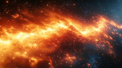 Obraz premium Fiery cosmic nebula with orange and blue hues, stars, and swirling gas clouds.