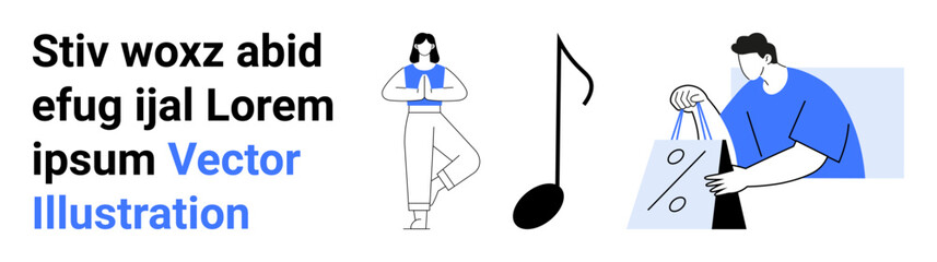 Woman practicing yoga, large musical note, and man with shopping bags. Ideal for wellness, leisure, music, shopping, productivity recreation and lifestyle. Landing page