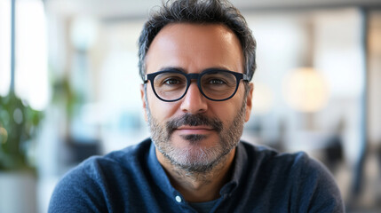 Obraz premium A professional man in glasses looks directly at the camera with a confident expression. The modern office background reflects a professional setting, emphasizing leadership and foc