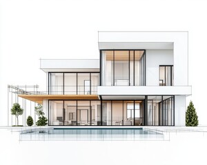 Side perspective of a luxury villa under construction, with an infinity pool in progress