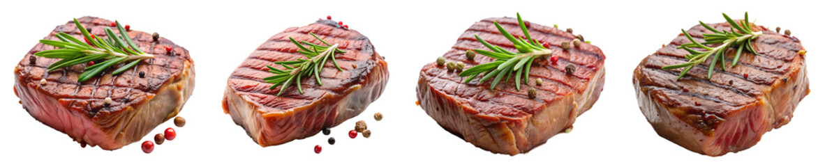 Fototapeta premium set of fresh meat steak with rosemary and pepper, isolated soft focus on the transparent background