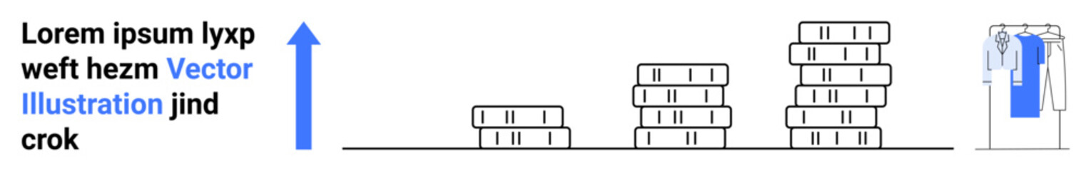 Vertical blue arrow pointing up, stacks of coins increasing in height, clothing on hanger. Ideal for business growth, financial success, economic improvement, wealth accumulation, investment, retail