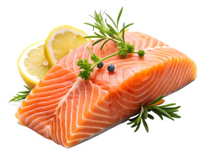 fresh salmon steak with lemon, isolated soft focus on the transparent background