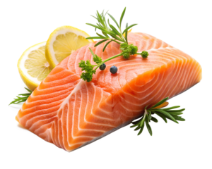 fresh salmon steak with lemon, isolated soft focus on the transparent background