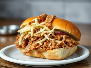 A juicy pulled pork sandwich nestled between soft bread topped with tangy sauerkraut and a sprinkle of crispy onions, meal idea, crunchy toppings, food