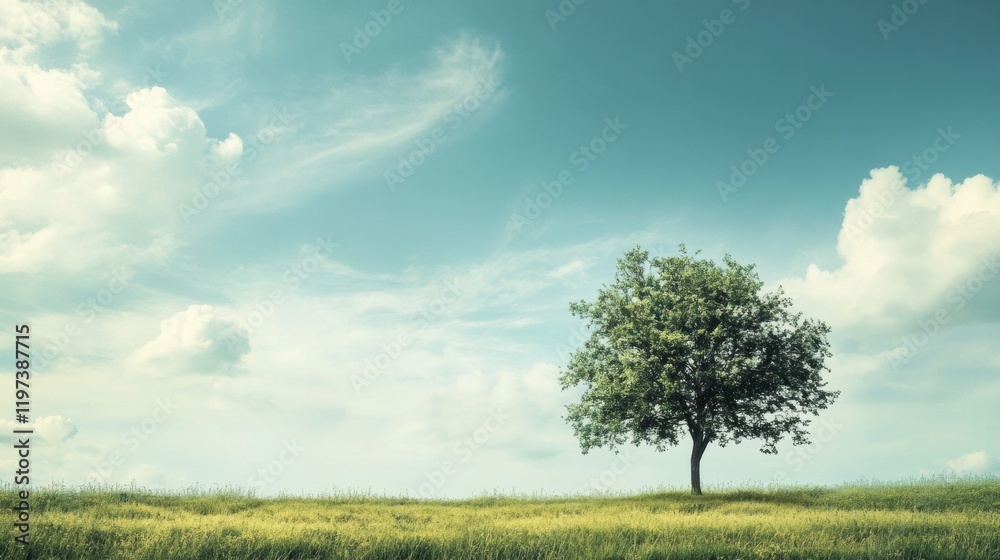 Aufkleber Expansive landscape with single tree under blue sky and fluffy clouds providing ample copy space for text. Generative AI