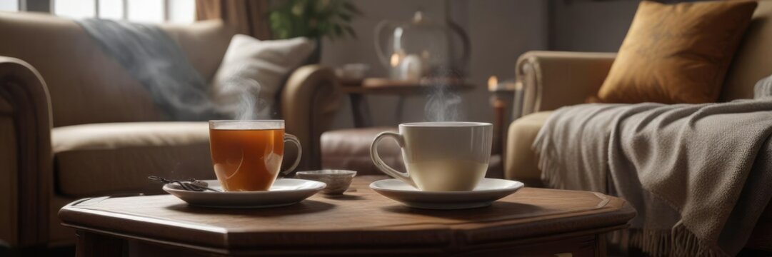 A steaming cup of tea on a low table beside an armchair, calming ritual, soothing warmth, peaceful haven