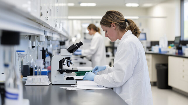 In a clean, bright laboratory, a focused researcher works at a microscope while surrounded by neatly organized equipment and samples. The environment emphasizes the blend of precis