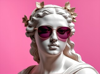 Statue wearing stylish sunglasses against a vibrant pink background, showcasing modern art blend...