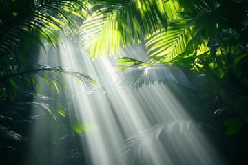Sunlight filters through lush greenery in a vibrant tropical jungle scene