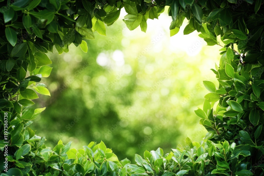 Poster Green foliage frame creating a natural copy space for text in a serene outdoor setting during daylight hours. Generative AI
