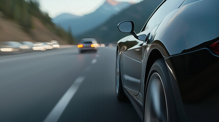 Sports Car Cruising on Mountain Highway with Blurred Traffic