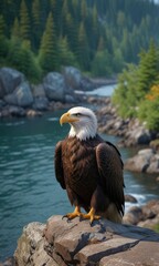 Fototapeta premium A stunning portrait of a bald eagle perched on a rocky outcropping overlooking the pristine waters of Kachemak Bay, fish, bald eagle
