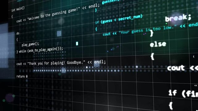 abstract developing animation with coding software language or creating game code. Typing in virtual digital cyber space
