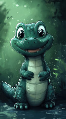 Obraz premium Smiling Cartoon Crocodile Standing Cheerfully in a Whimsical Jungle Scene - Vibrant and Playful Artwork Perfect for a Nature-Themed Phone Wallpaper