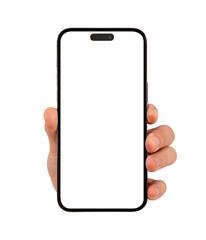 Hand showing smartphone with blank screen isolated.
