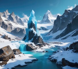 A stunning tower of ice with a bright blue pool of meltwater and surrounding snow-covered mountains, climate change effects, turquoise water , glacier