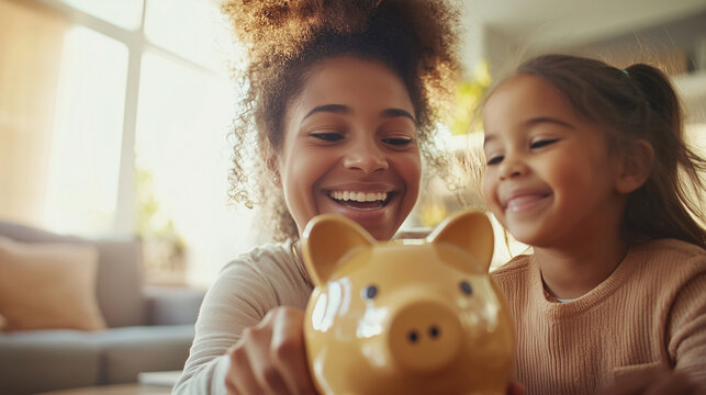 In a sunny living room, a mother smiles as her daughters excitedly place coins into a piggy bank. The scene reflects the importance of teaching kids about saving money in a joyful