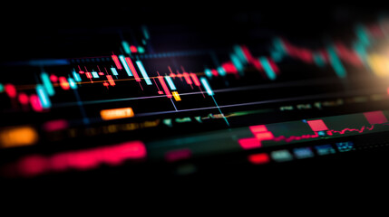 A digital visualization of stock market trends featuring detailed candlestick charts, data points, and a glowing interface. The sleek and modern design highlights the precision and