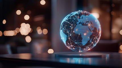 A holographic globe with interconnected data points floating above a table, symbolizing global communication and digital transformation. The bright nodes and dynamic visuals emphas