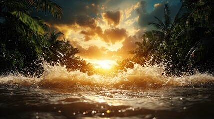 Breathtaking Sunset Over Rolling Ocean Waves with Vibrant Colors Blending into the Sky Creating a Tranquil and Inspiring Seascape Experience