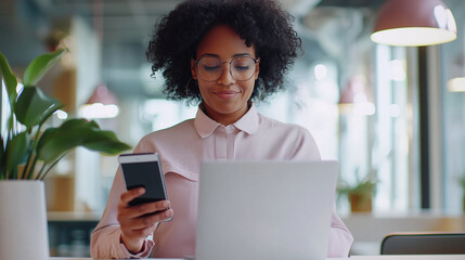 A person balances a smartphone and laptop, multitasking seamlessly in a bright office environment. Their focused expression emphasizes efficiency and the role of digital tools in m