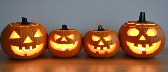 Spooky Halloween Jack-o'-lanterns Row Lit Pumpkins