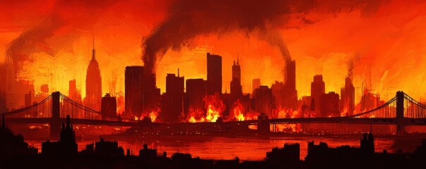 A dramatic urban landscape engulfed in flames and smoke, depicting a fiery sunset over a city skyline with a bridge.