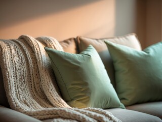 Cozy living room with green decorative pillows and a knitted throw blanket in soft lighting