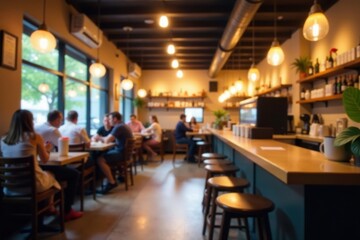 Blurred cafe interior, warm lighting, cozy atmosphere, cafe, serene