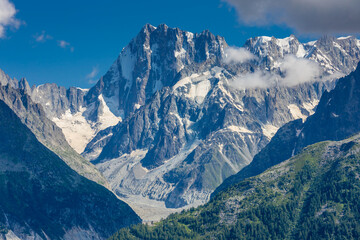 Fototapeta premium Mer de Glace glacier in the Alps, Chamonix Montblanc valley, France. View of Mer de Glace from above in early summer with rhododendron flowers in front. Melting glacier covered with rock