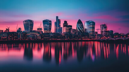 Fototapeta premium A city skyline glowing at dusk, with silhouettes of urban architecture reflecting off a calm river.