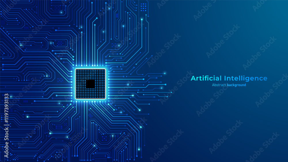 Fototapete Concept of Artificial intelligence. Chip processor on circuit motherboard. Modern futuristic design background. Big Data and Machine Learning. Vector illustration.