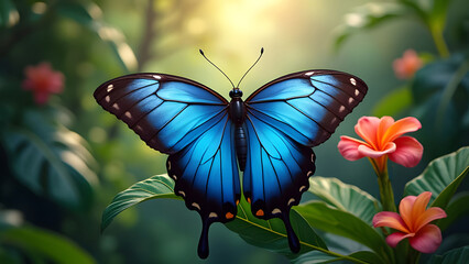 A close-up of a Papilio ulysses butterfly in the tropical rainforest