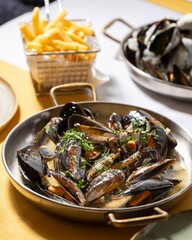 Steamed Mussels in Garlic Butter Sauce with Fries