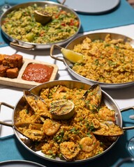 Trio of Spanish Paellas with Garnishes and Sauce