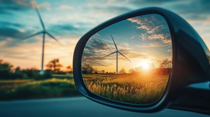 Fototapeta premium Sunset Reflection: Wind Turbine Energy in a Car Mirror