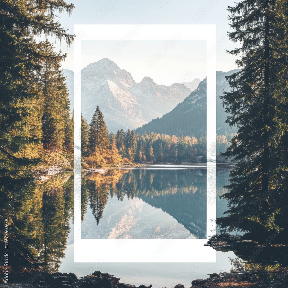 Poster beautiful nature landscape featuring mountains and a lake with clear reflections and space for text 